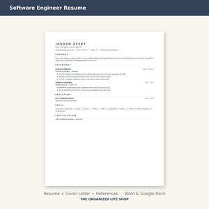 May include: A white software engineer resume template featuring black text with sections for summary, experience, education, skills, and certifications. The document includes placeholder contact information for Jordan Avery and lists technical skills like React and AWS.