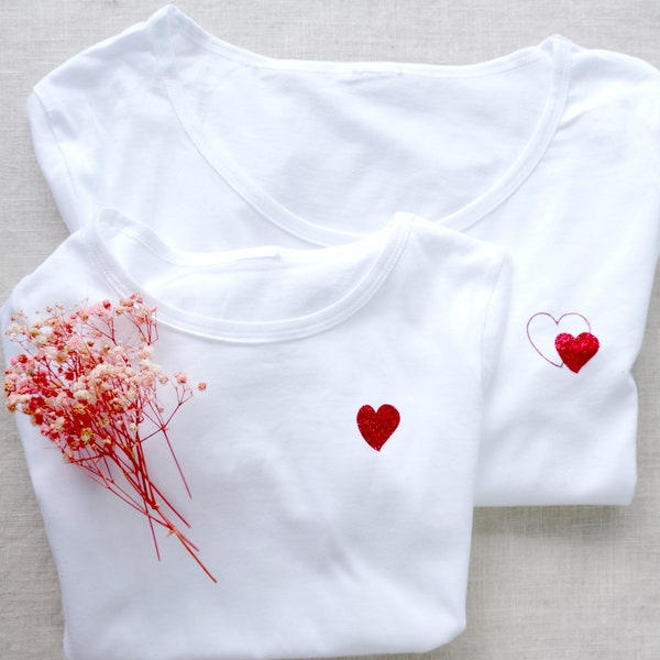 T-Shirt Blanc Femme Avec Petit Coeur Pailleté T-shirt Cadeau Fete des Mères Tee Shirt Anniversaire Femme T-shirt Cadeau Jeune Marié