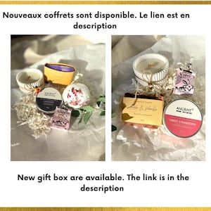 K&ouml;nnte beinhalten: Zwei Geschenkboxen mit Bade- und K&ouml;rperpflegeprodukten. Die erste Box enth&auml;lt eine Badebombe, ein kleines Glas Lavendel-K&ouml;rperbutter, eine kleine Seife und eine Kerze. Die zweite Box enth&auml;lt eine Kerze, eine Seife und ein kleines Glas Erdbeer-K&ouml;rperbutter. Die Boxen sind mit zerkleinertem Papier gef&uuml;llt und haben eine rustikale, nat&uuml;rliche &Auml;sthetik.