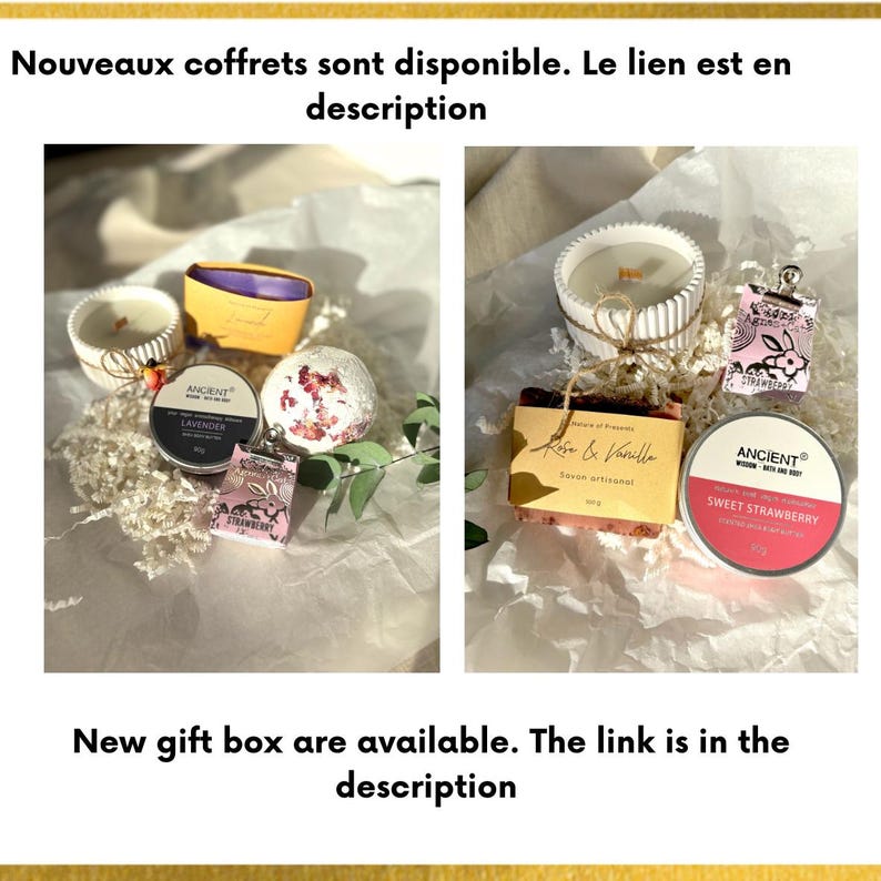 K&ouml;nnte beinhalten: Zwei Geschenkboxen mit Bade- und K&ouml;rperpflegeprodukten. Die erste Box enth&auml;lt eine Badebombe, ein kleines Glas Lavendel-K&ouml;rperbutter, eine kleine Seife und eine Kerze. Die zweite Box enth&auml;lt eine Kerze, eine Seife und ein kleines Glas Erdbeer-K&ouml;rperbutter. Die Boxen sind mit zerkleinertem Papier gef&uuml;llt und haben eine rustikale, nat&uuml;rliche &Auml;sthetik.