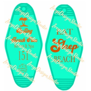 May include: Two turquoise motel keychains with orange text and graphics. One keychain reads "Resting Beach Face Resort & Spa 151" with a palm tree graphic. The other says "Eat Sleep Beach".