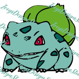 May include: A cartoon illustration of a Bulbasaur character. The character is primarily teal with green accents, including a bulb on its back. It has red eyes and black outlines, with the text "ZocysDesignStudio" in the corners.