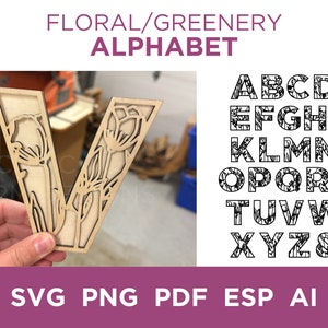 Arquivos de alfabeto de flor verde | Corte a laser svg, esp, png, pdf, ai, png | Letras florais para gravação a laser, cricut e silhueta