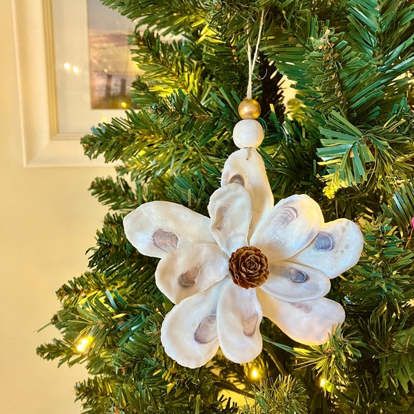 Oyster shell magnolia flower ornament, Christmas ornament, coastal Christmas, oyster shell decor, magnolia flower, oyster shell magnolia