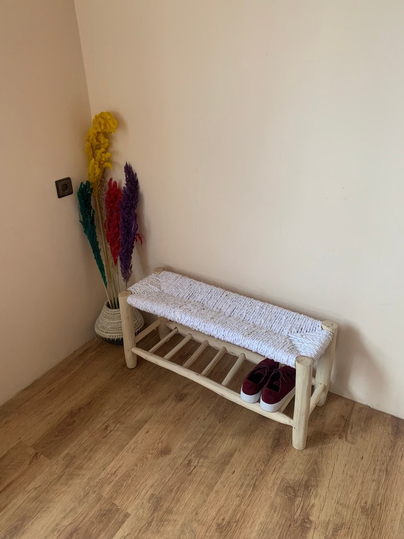 50cm Moroccan bench in solid wood and braiding in boucherouite- boho bench