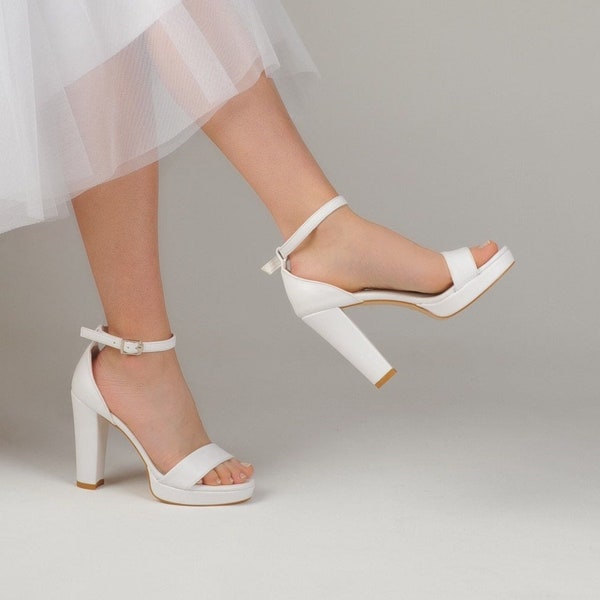 Custom Platform Wedding Sandals For Bride, Handmade Block Heel Wedding Shoes For Bridal, White Platform Heels For Bride