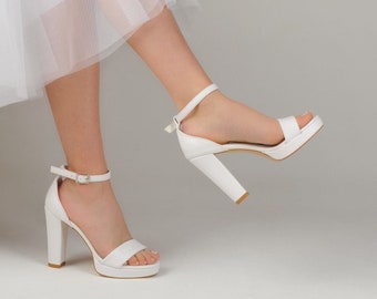 Custom Platform Wedding Sandals For Bride, Handmade Block Heel Wedding Shoes For Bridal, White Platform Heels For Bride