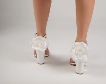 Custom White Wedding Shoes For Bridal, Floral Wedding Shoes with Low or High Heel, Block Heels Wedding Sandals For Bride