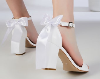 Tacón de bloque, Zapatos de novia Lazo de satén, Zapatos de novia blancos, Zapatos de boda para tacón de bloque de novia, Tacones de zapatos de novia, Sandalias de boda, Zapatos de mujer