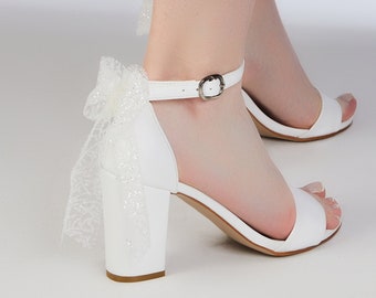 Wedding Block heel, Bridal Shoes Bow, Bride shoes,Silvey Bow, Wedding Shoes for bride block heel, Bridal shoes heels, Wedding Sandals