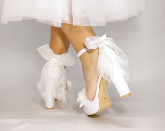 Platform Block heel, Bridal Shoes Bow, Bride Shoes Comfortable, Wedding Shoes for bride block heel, White heels, Wedding Sandals