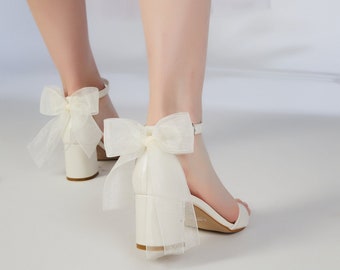 Block heel, Bridal Shoes Bow, White Bride shoes , İvory Bride shoes, Wedding Shoes for bride block heel, Bridal shoes heels, Wedding Sandals