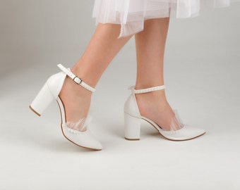 Block Heels White Womens Wedding Shoes with Pearl and Tulle, Custom Low Heel Wedding Shoes For Bridal, Bridesmaid Shoes