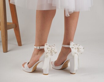 Stones on Bow Unique White Wedding Shoes with Custom Options For Bridal, Handmade Block Heels Wedding Sandals For Bride