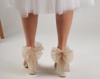 Ivory Block Heels Sandals with Tulle Bow Tie For Wedding, Customized Wedding Shoes For Bridal, Handmade Shoes For Bride