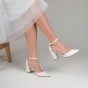 White Block Heels Wedding Shoes For Bridal, Bride Shoes with Customizable Low Heel Sizes, Handmade Shoes For Bridesmaid Shoes