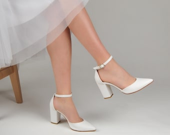 White Block Heels Wedding Shoes For Bridal, Bride Shoes with Customizable Low Heel Sizes, Handmade Shoes For Bridesmaid Shoes