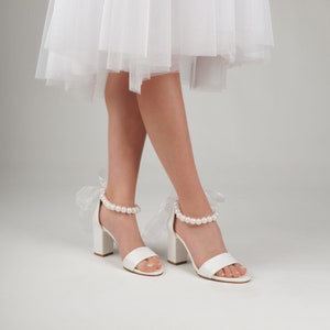 Wedding Sandals For Bride with White Beads and Tulle, Low Heel Wedding Shoes For Bride, Wedding Block Heels For Bridal image 2