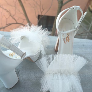 Wedding platform tulle shoes - Block heel shoes -wedding white Shoes - Bridal shoes - Bridal Heels - Wedding sandals for bride - Bride shoes