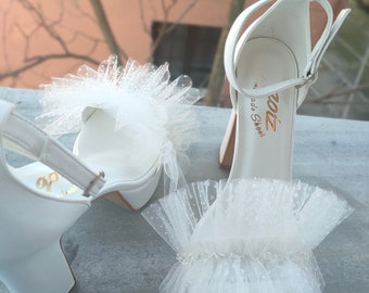 Wedding platform tulle shoes - Block heel shoes -wedding white Shoes - Bridal shoes - Bridal Heels - Wedding sandals for bride - Bride shoes