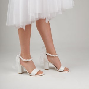 Wedding Sandals For Bride with White Beads and Tulle, Low Heel Wedding Shoes For Bride, Wedding Block Heels For Bridal image 3