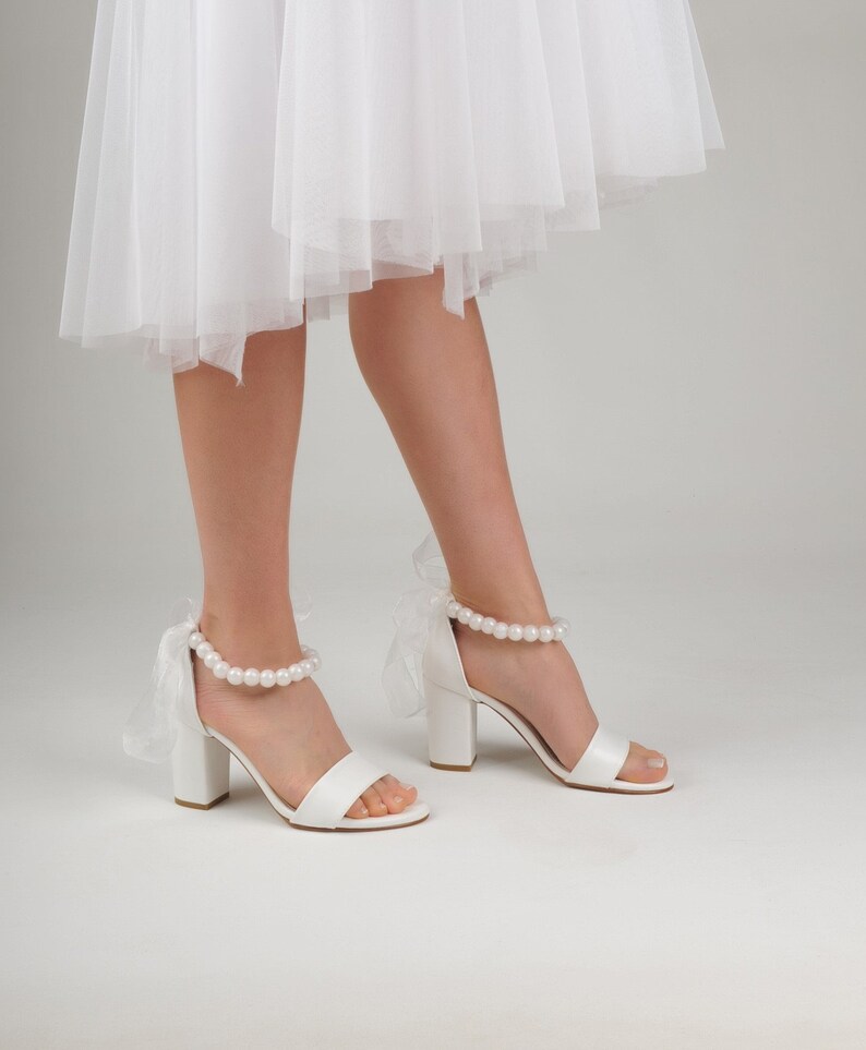 Wedding Sandals For Bride with White Beads and Tulle, Low Heel Wedding Shoes For Bride, Wedding Block Heels For Bridal image 3