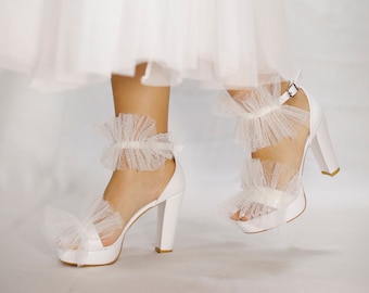 Wedding platform tulle shoes - Block heel shoes -wedding white Shoes - Bridal shoes - Bridal Heels - Wedding sandals for bride - Bride shoes