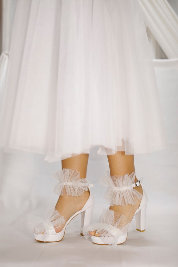 Bruiloft platform tule schoenen Blokhak schoenen bruiloft - Etsy Nederland