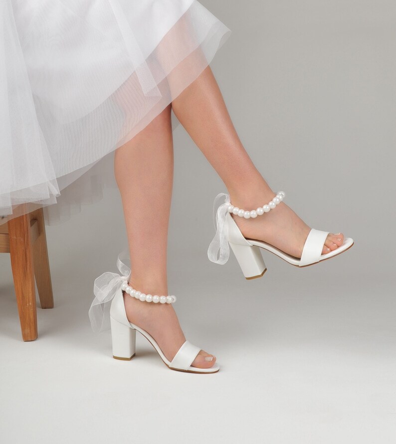 Wedding Sandals For Bride with White Beads and Tulle, Low Heel Wedding Shoes For Bride, Wedding Block Heels For Bridal image 1