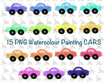 CARS Watercolour Painting - 15 PNG Colourful Cars. Digital Vehicles Clipart - Instant Download.