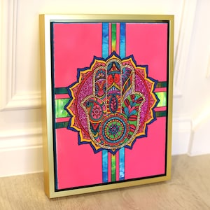 Colorful Swarovski Crystal Wall Art | Neon Pink Hamsa Hand | Hamsa Hand of Fatima | Religious Home Décor | Swarovski Crystals Art