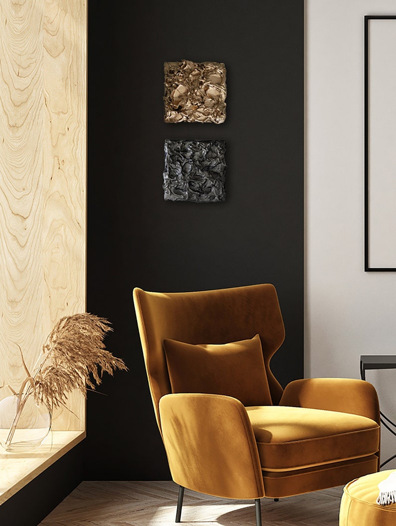 Textured Wall Art Diptych Black and Gold Painting Modern Etsy