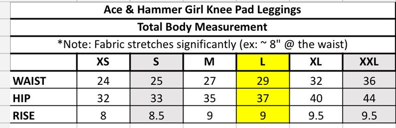 Op de afbeelding: Maattabel voor kniebeschermer leggings met metingen in inches voor taille, heupen en taillehoogte. De maten vari&euml;ren van XS tot XXL.