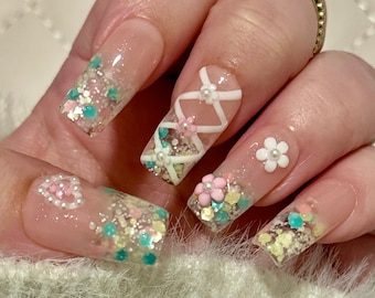 Coquette Cutie,Press on Nails,Pastel Nails, Coquette Nails,Charm Nails,Cottagecore Nails,Trendy Nails,Flower Nails, HAND PAINTED Nail Art