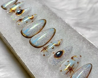 White Witch Press On Nails | Stars and Moon Nails | Witchy Nails | Mystical Nails | Celestial Nails | White Nails |  Gold Nails