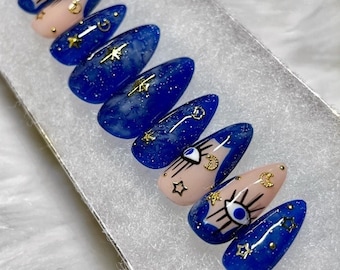 Celestial Press On Nails | Stars and Moon Nails | Witchy Nails | Mystical Nails | Dark Blue Nails | Galaxy Nails