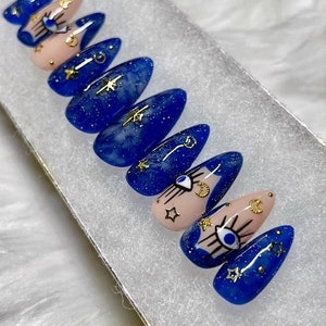 Celestial Press On Nails | Stars and Moon Nails | Witchy Nails | Mystical Nails | Dark Blue Nails | Galaxy Nails