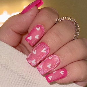 Sweet On You | Pink Press on Nails | Cat Eye Nails | Valentines Day Nails |  Pink Hearts Nails | Ombré Nails | Baby Pink Nails | False Nails