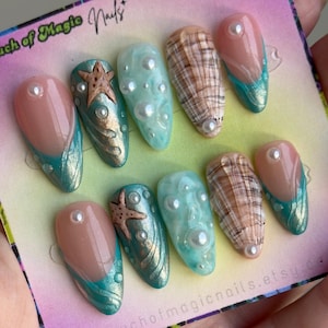 Aquamarine | Press on Nails | Summer Nails | Beach Nails | Sea Shell Nails | 3D Nail Art | Mermaid Nails | Pearl Rhinestones | Hand Painted