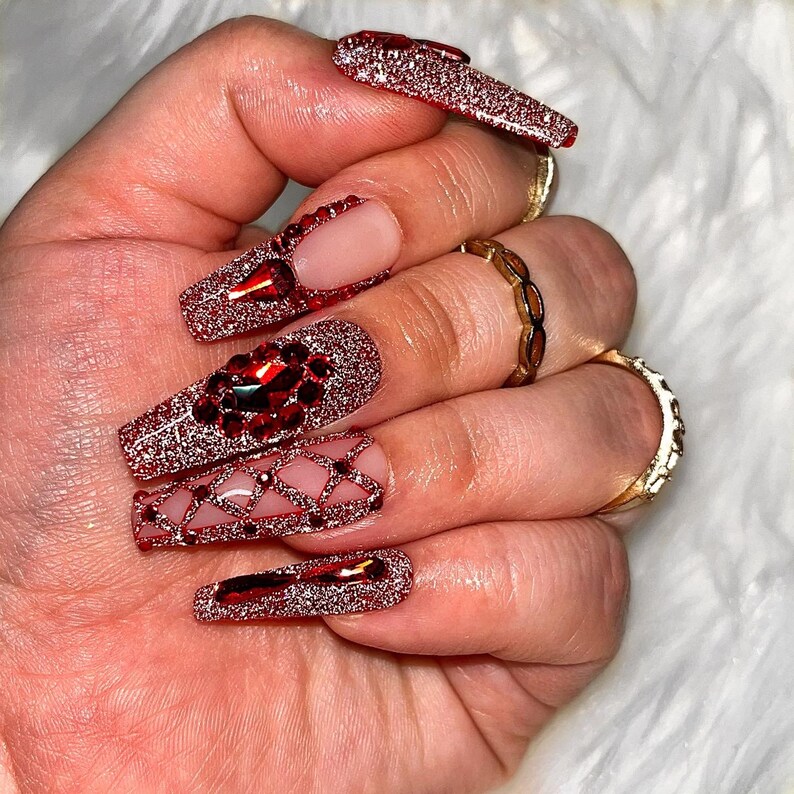 Red HOT Press on Nails, Bling Nails, Reflective Nails, Red Nails, Nail Gems, Fake Nails, False Nails, Red French Nails, Trendy Nails image 7