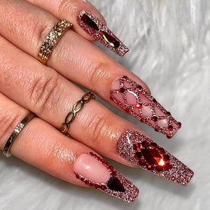 Red HOT Press on Nails, Bling Nails, Reflective Nails, Red Nails, Nail Gems, Fake Nails, False Nails, Red French Nails, Trendy Nails image 3