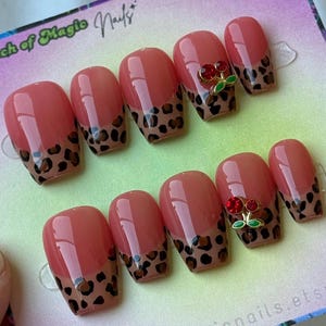 Leopard Cherry Press-On Nails | Red Jelly Nails | Cheetah Print French Tips | Y2K Retro Glam Nails | Hand Painted Nail Art