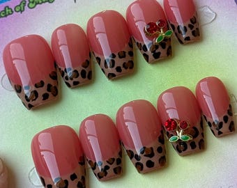 Leopard Cherry Press-On Nails | Red Jelly Nails | Cheetah Print French Tips | Y2K Retro Glam Nails | Hand Painted Nail Art