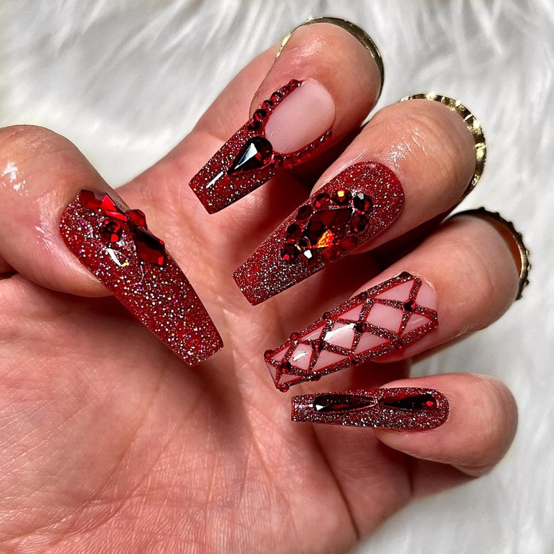 Red HOT Press on Nails, Bling Nails, Reflective Nails, Red Nails, Nail Gems, Fake Nails, False Nails, Red French Nails, Trendy Nails image 4