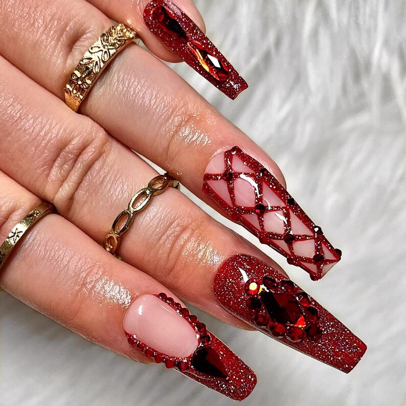 Red HOT Press on Nails, Bling Nails, Reflective Nails, Red Nails, Nail Gems, Fake Nails, False Nails, Red French Nails, Trendy Nails image 2