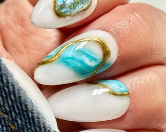 Turquoise Press on Nails, Gold Nails, Milky White Nails, Spring Nails, Summer Nails, Trendy Nails, Marble Nails, HAND PAINTED Nail Art