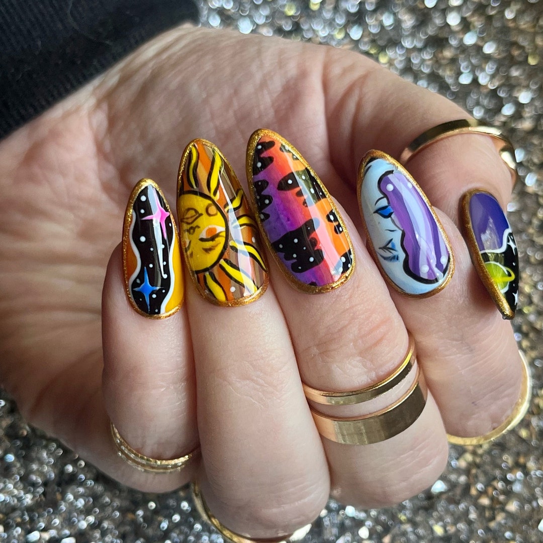 Retro Celestial Press on Nails Trippy Nails Trendy Press on - Etsy