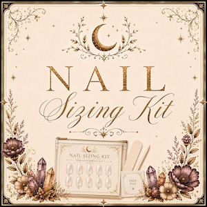 May include: A nail sizing kit featuring a clear pouch with ten numbered press-on nail samples, a wooden cuticle stick, a nail file, and a prep pad. The packaging displays the text NAIL SIZING KIT and FIND YOUR PERFECT FIT with moon and floral art.