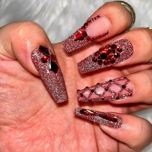 Red HOT Press on Nails, Bling Nails, Reflective Nails, Red Nails, Nail Gems, Fake Nails, False Nails, Red French Nails, Trendy Nails image 5