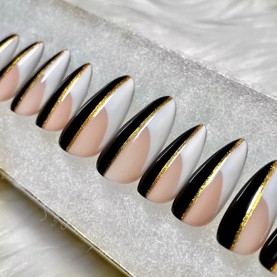 Black & White French Tip Press on Nails Trendy Nails Abstract Nails Geometric Nails Nail Art